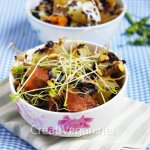 Ensalada de patata, boniato, arroz negro y lentejas germinadas