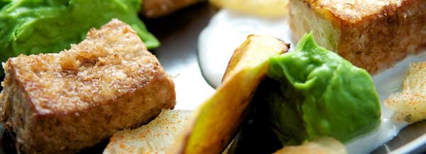 Tofu Medallions with Chili Dusted Pineapple, Avocado Cream and Browned Plantain