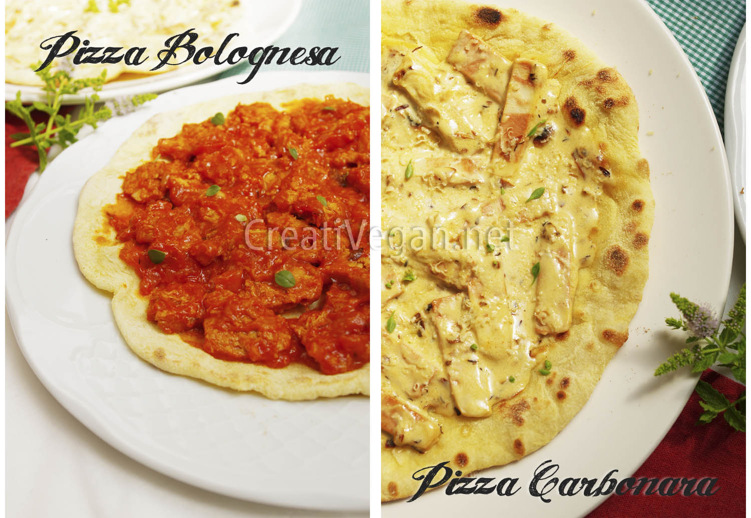 Pizza carbonara y pizza bolognesa (veganas)