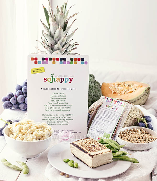 Productos Sojhappy: okara de soja, tofu a la plancha y chocotofu